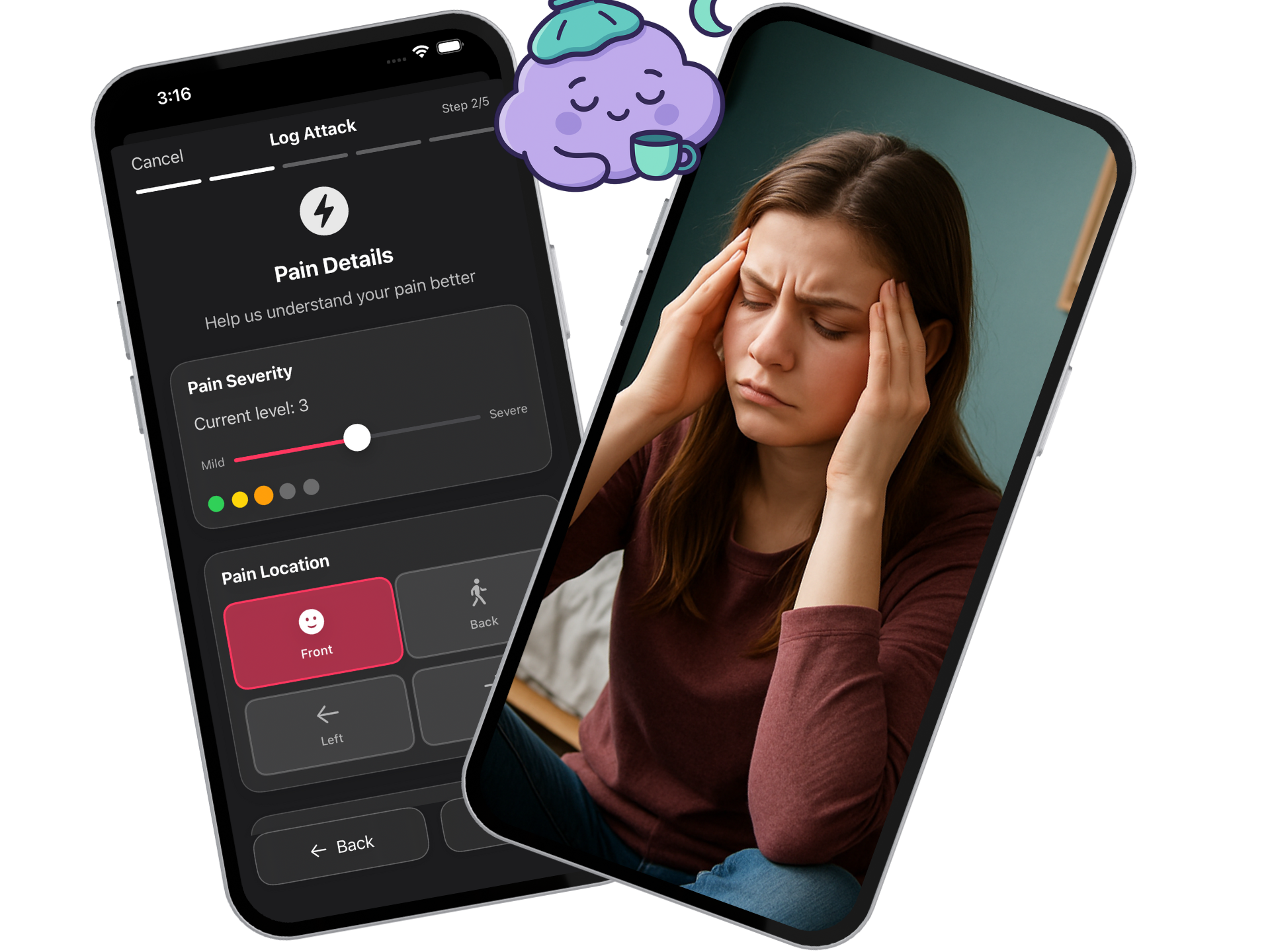 Migrio migraine tracker app interface showing headache logging and pattern analysis